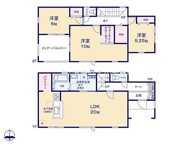 2階建ての間取りで広々としたLDKが魅力的です。各部屋が独立しており収納スペースも充実しています。ウォークインクローゼットやインナーバルコニーが設けられ生活の利便性が高まります。