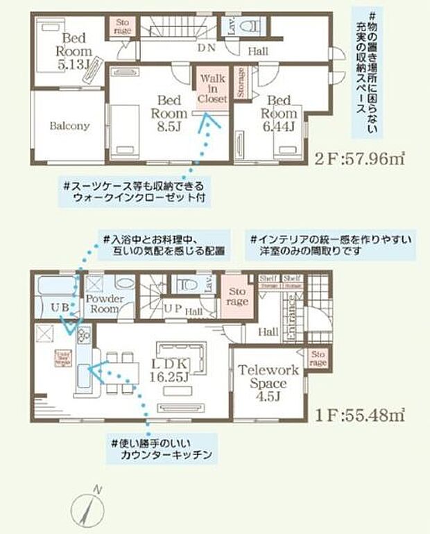 2階にはウォークインクローゼットがあり収納スペースが充実しています。リビングやダイニングは開放感のある広さが魅力です。テレワークスペースも確保されており使いやすい間取りが特徴です。