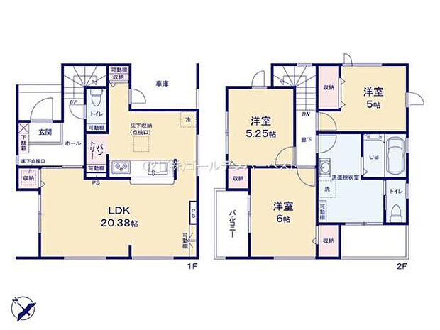 20帖を超えるLDKが開放感を演出します。各洋室には収納スペースを確保しています。2階には浴室とトイレがあり使い勝手の良い間取りです。全室に採光が確保されています。家事動線にも配慮された設計です。