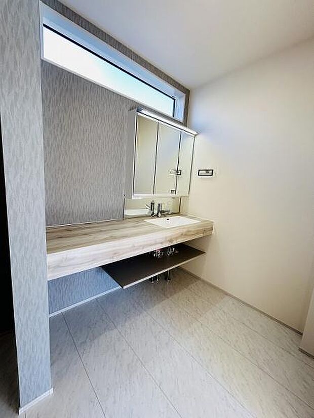 広々としたカウンターが設置されており毎日の使い勝手にも配慮されています。大きなミラーキャビネットが備わっていて収納力も充実しています。落ち着いた色合いのデザインで空間全体がすっきりとした印象です。