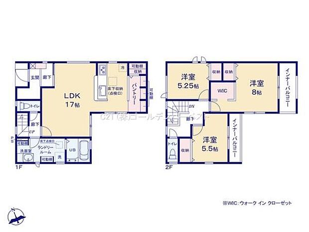 間取り図から広々としたLDKが特徴的です。2階にはウォークインクローゼット付きの洋室があり収納スペースも充実しています。バルコニーが2か所に設けられているため日当たりや通風にも配慮されています。