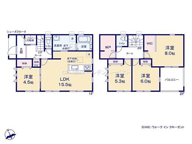全室に収納スペースが設けられているため荷物の整理がしやすい間取りです。1階には広々としたLDKがあり2階の洋室もゆとりある広さです。