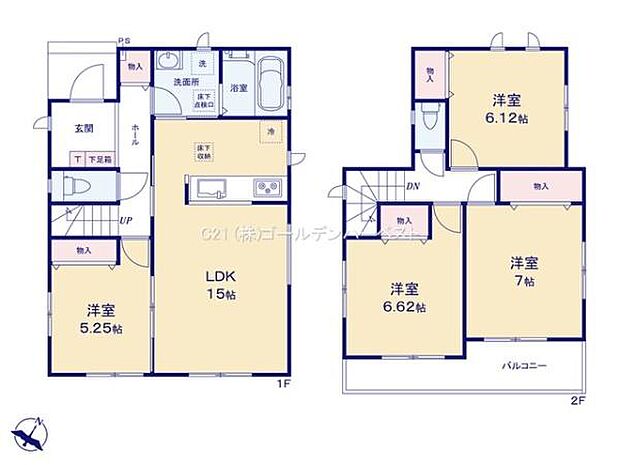 ゆとりあるLDK15帖を中心に全室に収納スペースが確保されています。洗面所や浴室もまとまりがあり使い勝手の良い間取りです。2階にはバルコニーもあり洋室は3部屋配置されています。