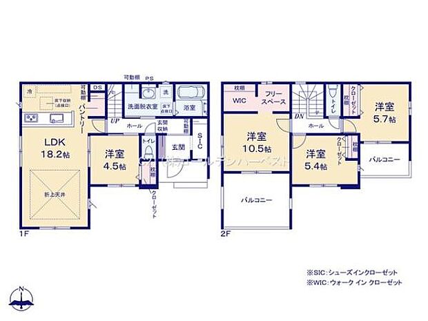 ゆとりある広さのLDKや各部屋に収納スペースが確保されています。フリースペースやウォークインクローゼットも備えています。2階にはバルコニーがあり快適な生活導線が魅力です。