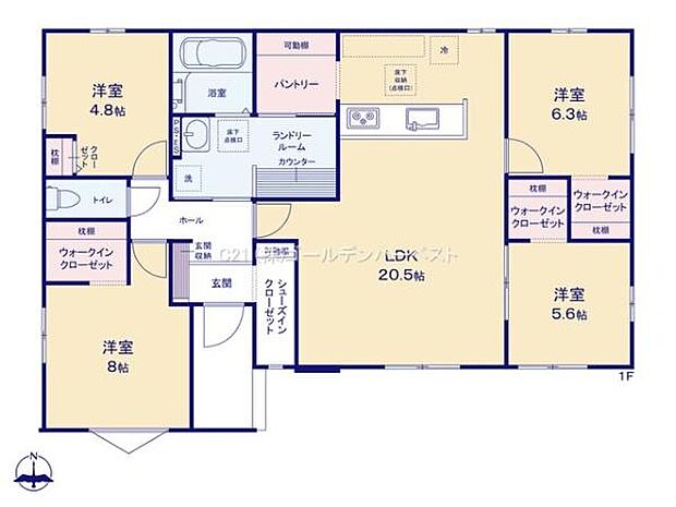 各洋室には収納スペースが充実しておりウォークインクローゼットも備わっています。LDKは20.5帖の広さで開放的な印象です。パントリーやランドリールームなど家事に便利な設備も配置されています。