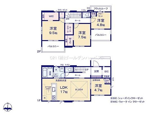 各居室に収納が備わりウォークインクローゼットも設置されています。2階にもトイレがあり使い分けが便利です。LDKは17帖の広さが確保されています。全体的にゆとりある間取りが特徴です。