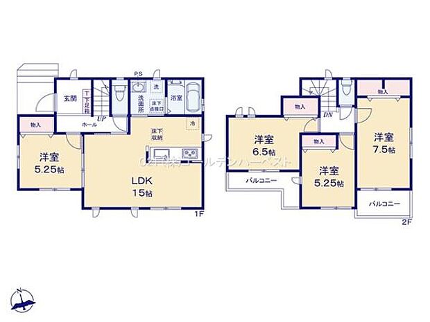 1階には広々としたLDKと洋室2階には3つの洋室が配置されています。バルコニーが2か所にあり使い分けが可能です。収納スペースも充実しており快適な生活動線を実現します。
