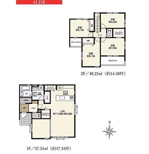 1階と2階に分かれた4LDK間取りでプライベート空間と共用スペースがしっかり分かれています。2階にはウォークインクローゼットやバルコニーがあり生活動線も考えられています。