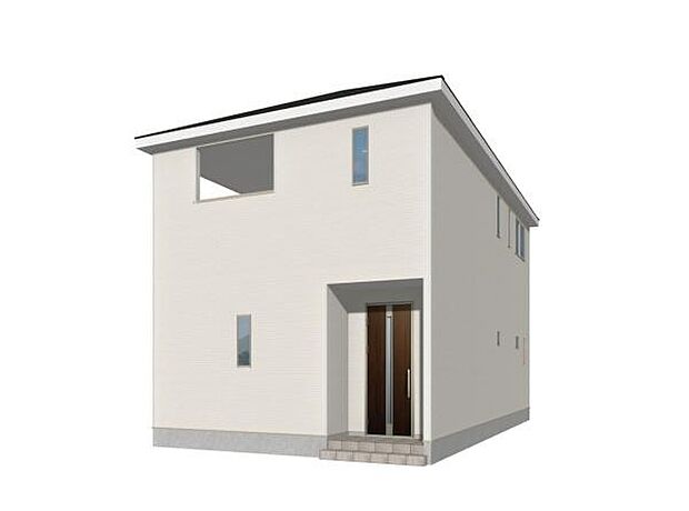 シンプルで飽きのこない外観が特徴の住宅です。明るい外壁が印象的で洗練されたイメージを与えます。窓配置が工夫され採光にも配慮されたデザインです。玄関アプローチは段差が少なく安全面に配慮されています。