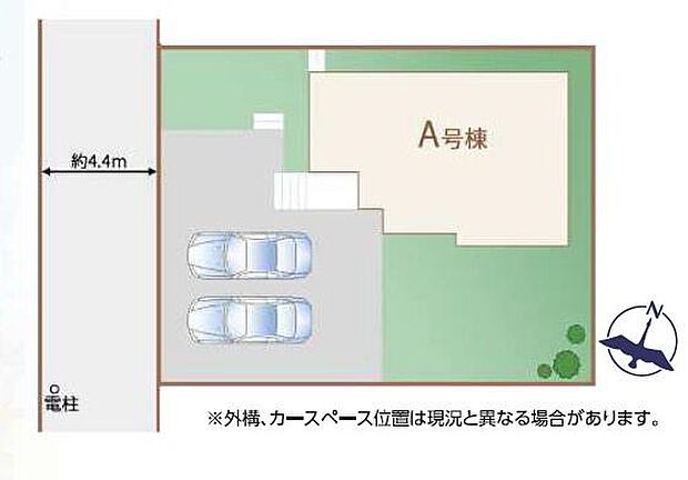 A号棟の区画図です。敷地内には並列で2台分のカースペースが確保されています。道路幅は約4.4mあり車の出し入れも考慮されています。敷地にはゆとりのあるスペースが広がっています。