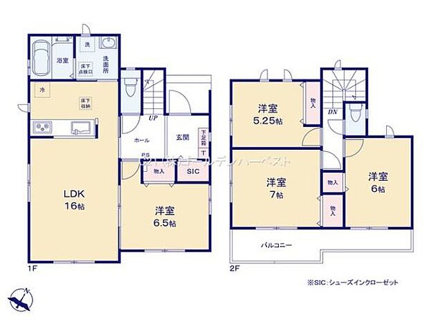 ゆとりのあるLDK16帖が魅力の間取りです。全居室が独立しており快適な生活をサポートします。シューズインクロークや収納も充実しています。2階にはバルコニー付きで使い勝手の良いレイアウトです。