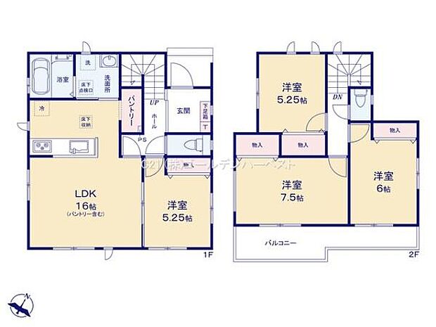 1階のLDKは16帖の広々とした空間です。2階には洋室が3部屋あり各部屋に収納スペースが設けられています。バルコニー付きで室内へのアクセスも便利です。水回りが1階にまとまって設計されています。