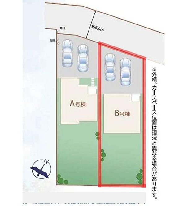 前面道路は幅約6mで車の出入りもスムーズに行えます。敷地には並列での駐車が可能です。A号棟とB号棟ともにゆとりある間取りの配置です。北側道路に面しアクセスも良好です。