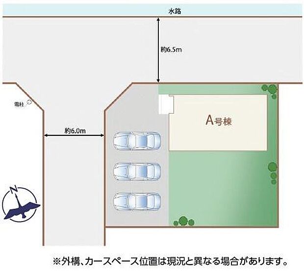 約6メートルの前面道路に面し車の出入りがしやすい区画図です。3台分の駐車スペースも配置されておりゆとりのある敷地です。敷地内には緑も設けられ全体がバランスよく設計されています。