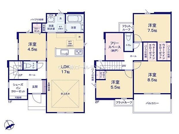 LDKが17帖と広々とした空間でゆったりと過ごせます。洋室が4部屋あり多様な使い方が可能です。2階にはフリースペースやウォークインクローゼットも備わっており収納面も充実しています。