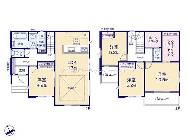 ゆとりある17帖のLDKが特徴の間取りです。2階にはバルコニー付きの洋室やウォークインクローゼットも備わっています。各洋室は使い分けしやすい広さに設計されています。