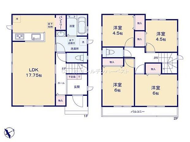 リビングダイニングキッチンは17.75帖の広さで家事動線も便利な配置です。各洋室には収納スペースが設けられておりすっきりとした空間を実現しています。バルコニーに面した洋室は明るさが期待できます。