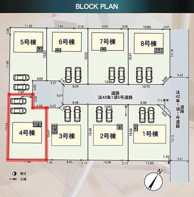 全区画が整然と配置されたブロックプランです。駐車スペースが確保されており車の出し入れもスムーズです。土地面積もゆとりある設計となっています。