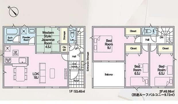 各部屋に収納スペースがあり使いやすい間取り設計です。ゆとりのあるLDKやバルコニーもポイントです。1階には和洋室があり便利にご利用いただけます。2階は寝室が3部屋配置され家中の動線が整っています。