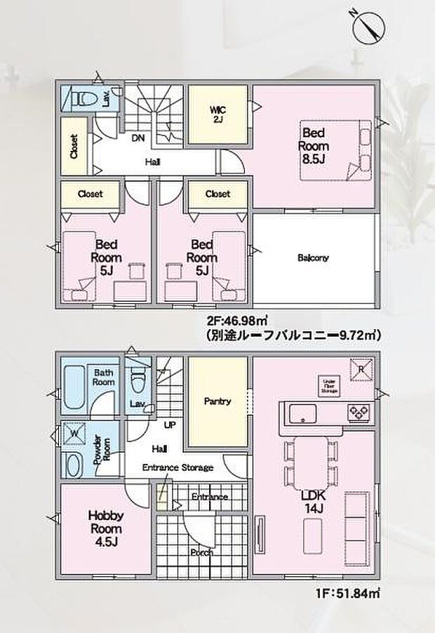 二階には個室が三部屋ありそれぞれにクローゼット付きで収納面も安心です。バルコニーに面した部屋は8.5帖と広めの設計です。一階には広々としたLDKがありパントリーや趣味室も設けられています。