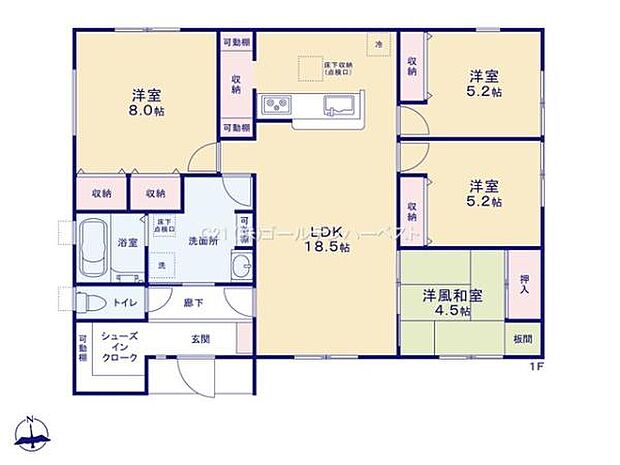 全室に収納スペースが設けられておりすっきりとした空間を保てます。18.5帖のLDKが住まいの中心で広々とした印象です。全体の動線も工夫されているため生活しやすい設計です。