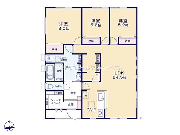 シンプルで使いやすい動線が特徴の間取りです。各洋室に収納が設置されており整理整頓をサポートします。LDKは24.5帖のゆとりある広さで様々なレイアウトが可能です。