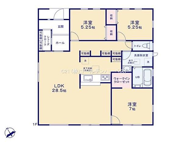 間取りはLDKが広々と28.5帖あり開放感が感じられます。洋室は3部屋で収納も充実しています。ウォークインクローゼットが設けられており日々の使い勝手に配慮されています。