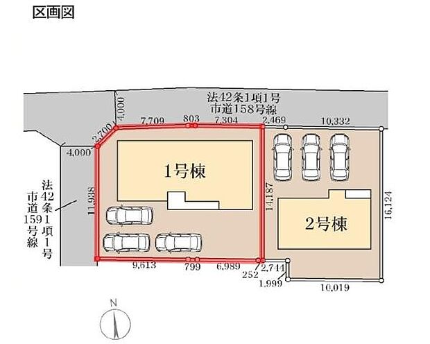 周辺道路との接道がしっかりと確保されており車の出し入れがしやすい区画です。1号棟・2号棟ともにゆとりある配置がされています。それぞれの棟ごとに駐車スペースが複数台分確保されています。