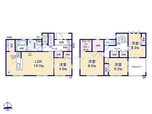 ゆとりあるリビングダイニングが魅力の間取りです。各部屋に収納スペースが設けられており整理がしやすい設計です。2階にはバルコニーがありプライベート空間も確保されています。