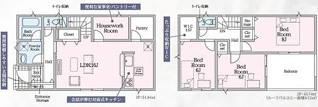機能的な家事室や広々としたパントリーがあり収納スペースが豊富です。各部屋に収納が用意されていますので整理整頓がしやすい間取りです。バルコニー付きで2階居室からのアクセスも便利です。