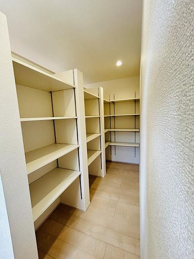 シンプルなデザインの収納スペースです。可動式の棚が配置されており用途に合わせて調整が可能です。奥行きがしっかりありスペースを有効に活用できます。明るい色合いで清潔感のある印象です。