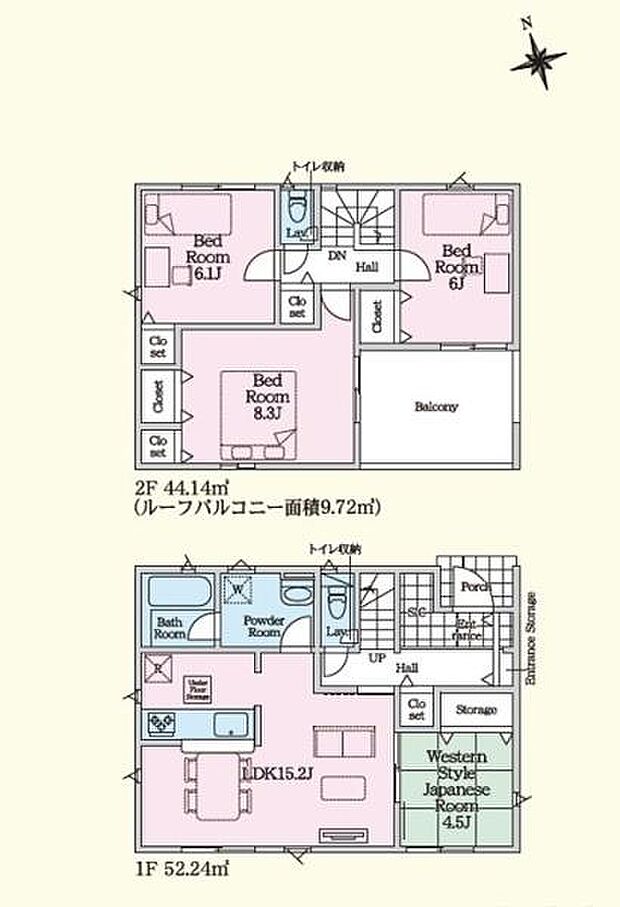 2階建ての間取りで各部屋がゆったりと配置されています。リビング・ダイニングは広々とした開放感があります。和室も備わっており多様な使い方が可能です。バルコニー付きで室内の明るさも魅力的です。
