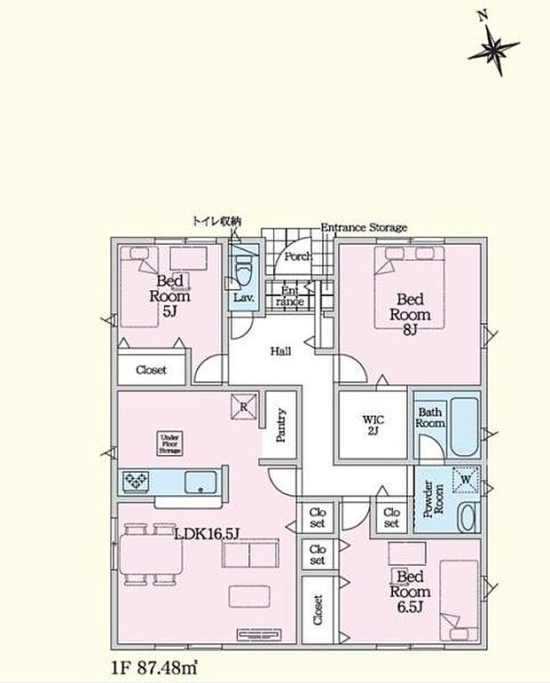 3つのベッドルームを備えた使い勝手の良い間取りです。リビングとダイニングが一体となった空間で広さを感じられます。浴室やトイレが2カ所に分かれており忙しい時間帯でも便利に利用できます。