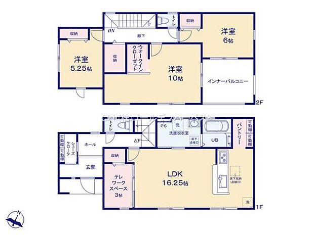 収納スペースが豊富に配置されており各部屋の使い分けがしやすい間取りです。テレワークスペースが独立して備わっている点も魅力となっています。