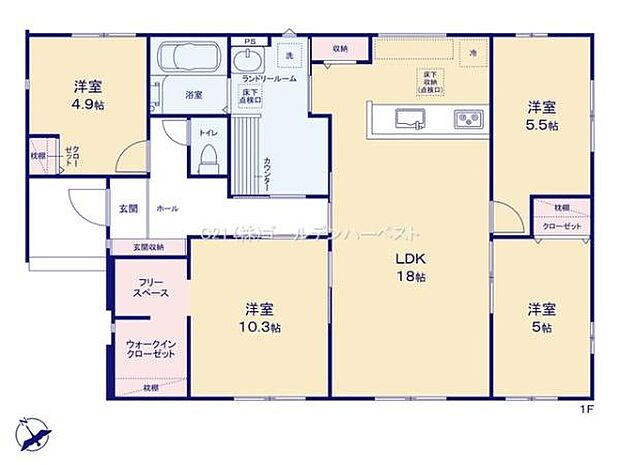 各居室がバランス良く配置されており生活動線に配慮された間取りです。18帖のLDKは広々としており快適な空間が広がります。