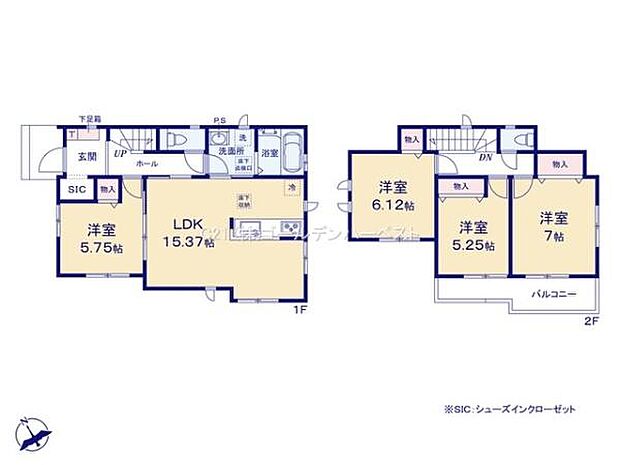 ゆとりあるLDKと全居室収納を備えた使いやすい間取りです。2階にはバルコニーがあり各部屋のプライベート空間も充実しています。1階に独立した洋室があり個別の用途にも便利です。