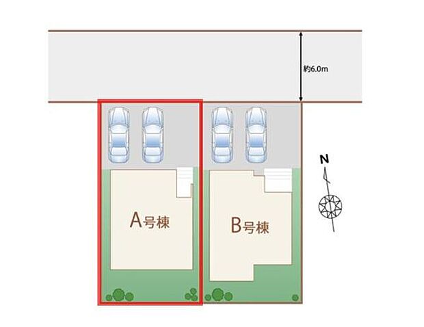 シンプルで分かりやすい区画図です。駐車スペースも2台分確保されています。区画ごとにゆとりある配置となっています。北側に幅6mの道路が接道しています。