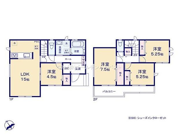 間取りは1階と2階に分かれておりリビングダイニングキッチンは約15帖と広めです。洋室は4室あり様々な用途に利用できます。水回りも1階にまとめられており使いやすい配置です。