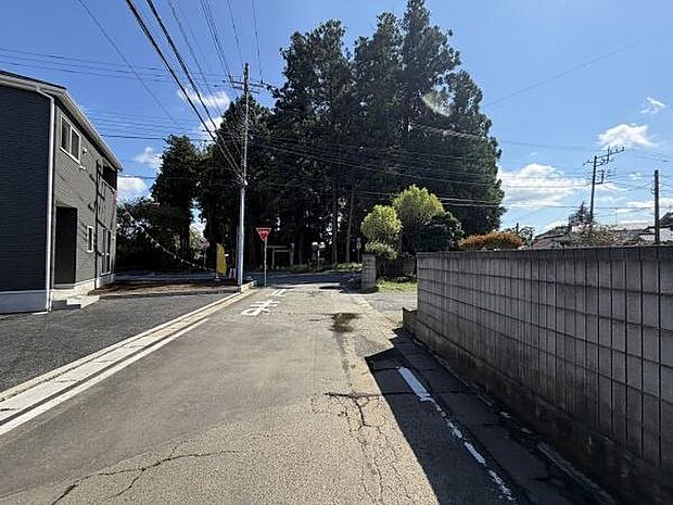 前面道路は舗装されており車両の通行がしやすいです。周囲に大きな木々があり自然を感じられる環境です。道路沿いには新しい住宅やブロック塀が整然と並んでいます。道路幅も確保され見通しの良い場所です。