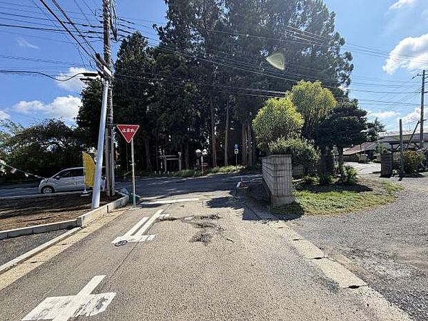 前面道路が舗装されており幅員もしっかり確保されています。周辺には豊かな緑が広がり落ち着いた印象の現地です。電柱や標識などインフラも整っています。晴れた日には空が広く見える環境です。