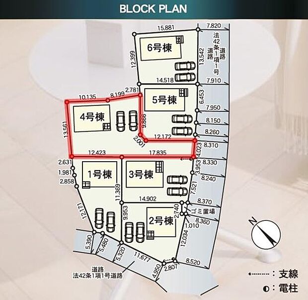 各区画ごとの敷地面積や駐車スペースの配置が一目で分かります。全体のバランスや動線が確認しやすい区画図です。隣接する区画との関係や道路との接し方も把握できます。