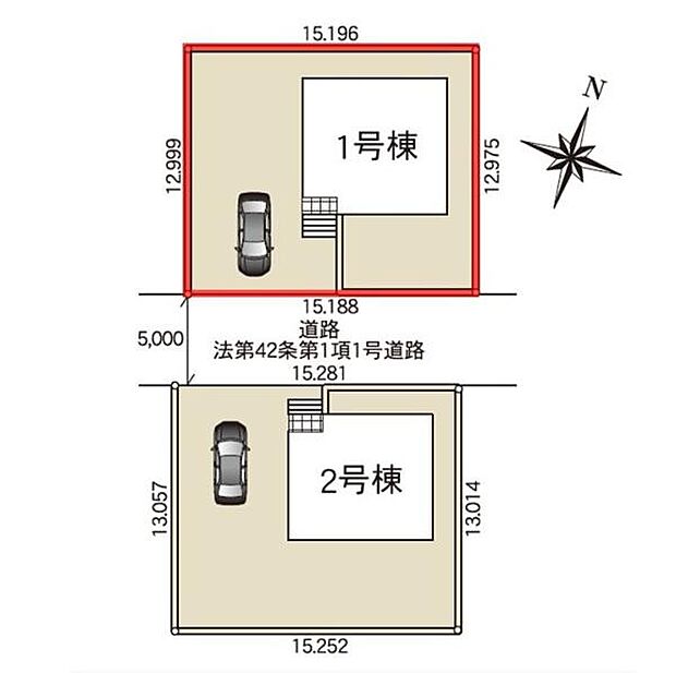 シンプルで見やすい区画図です。各棟には駐車スペースが設けられています。接道幅も明確に表示されており区画の配置や形状が一目でわかります。