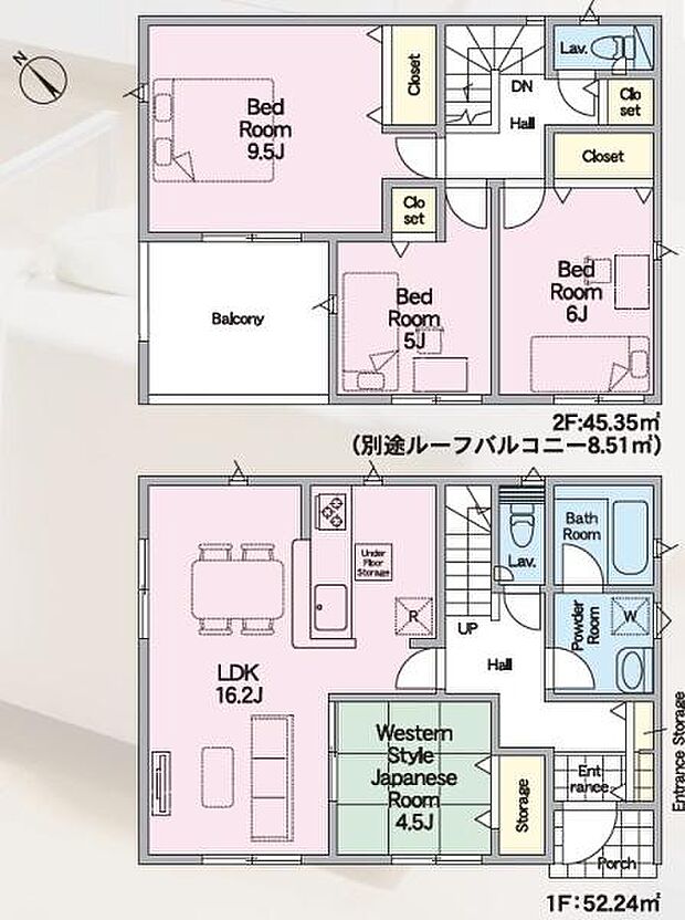 ゆとりのあるLDK16.2帖が魅力的な間取りです。1階には多用途に活用できる和洋室も配置されています。2階には3部屋ありそれぞれ収納スペースも備えています。