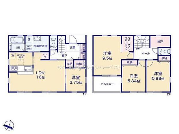 二階建てのゆとりある間取りが特徴です。LDKは広々とした16帖で家事や生活がしやすい動線となっています。収納スペースが多く各洋室も十分な広さが確保されています。