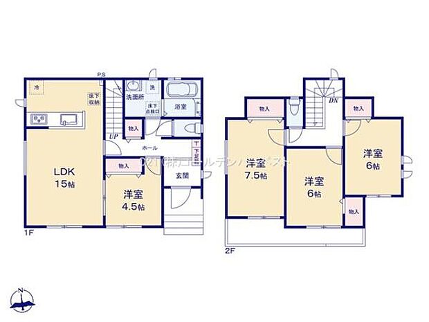 1階と2階にそれぞれ洋室が配置された間取りです。LDKは15帖の広さがあり開放感があります。収納スペースが各部屋に確保されているためすっきりとした印象です。