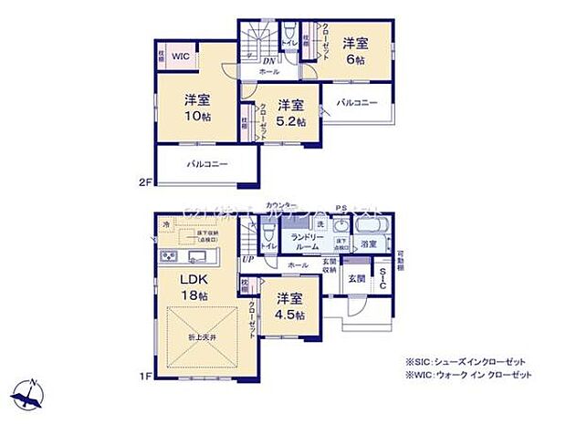 各部屋がしっかりと独立しておりプライバシーに配慮された間取りです。二階には広いバルコニーがあり複数の洋室が配置されています。LDKは18帖の広さがありゆとりを感じられる空間設計です。