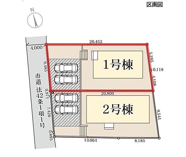 区画図には1号棟と2号棟が明確に示されており各棟ごとに駐車スペースの配置がわかりやすくなっています。道路に面した出入口も確認しやすいです。土地の形状や道路幅など全体のバランスが把握しやすい区画図です。