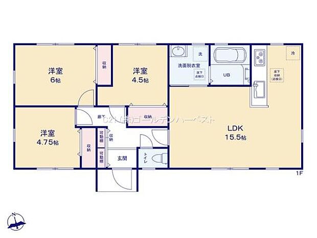 3つの洋室と広々としたLDKが特徴的な間取りです。収納も各部屋に設けられ使いやすさが考えられています。水回りもコンパクトにまとまっており動線がシンプルです。1階フロア全体が無駄なく配置されています。