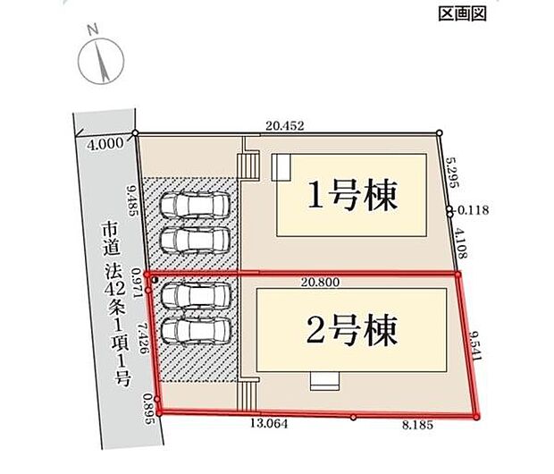 区画図には1号棟と2号棟が明確に示されており各棟ごとに駐車スペースの配置がわかりやすくなっています。道路に面した出入口も確認しやすいです。土地の形状や道路幅など全体のバランスが把握しやすい区画図です。