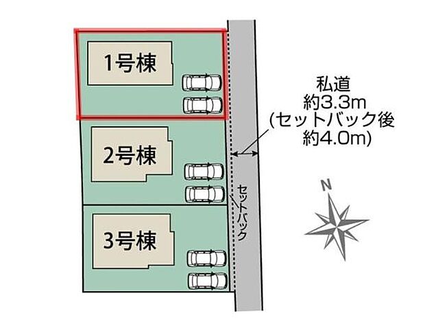 各棟ごとに独立した駐車スペースを確保しています。私道の幅員もセットバック後は約4.0mとなり車の出し入れもスムーズです。全体が整然と区画され分かりやすい配置です。
